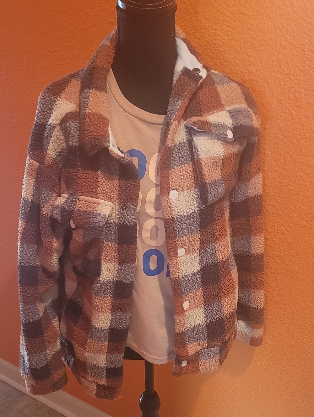 Gently used Boys Fabkids Rust/Brown Plaid Sherpa Jacket with and matching shirt.